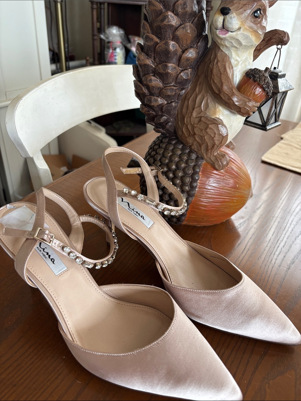 Nina Blush Satin Pointed Toe Slingback Heels with Crystal Ankle Strap